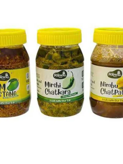 Here are three of my most loved pickles together: the classic Aam Mastana, the spicy Mirchi Chatkara, and the tangy Nimbu Chatpata. Each one is made in my kitchen with no chemicals or preservatives.