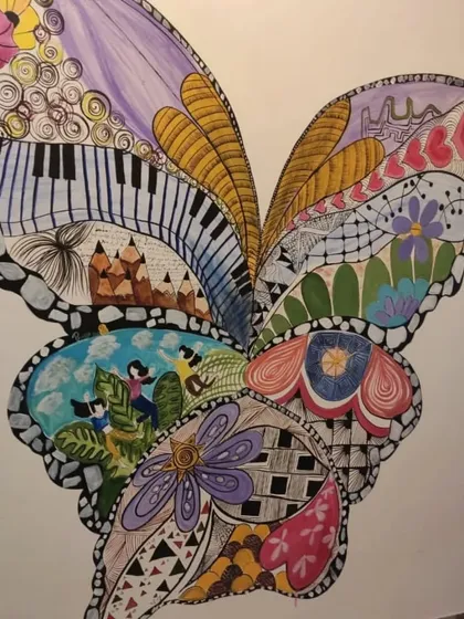 Wall art is one of our passions. This large, hand-painted butterfly mural is a doodle art piece, filled with intricate patterns and vibrant colors. A custom mural like this can become the main attraction in a shop, cafe, or office.