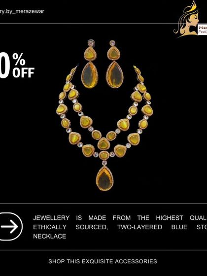 This two-layered necklace features stunning yellow stones. The description in the image incorrectly calls them blue, but the piece itself is a vibrant yellow, perfect for a sunny, cheerful look.