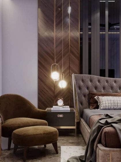 A bedroom with a moody and dramatic aesthetic, featuring dark wood paneling in a chevron pattern and tufted upholstery. The renders capture the intimate and luxurious feel of the space.