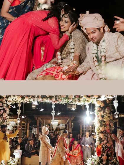 A collage of emotional ceremony moments, including a warm hug from a family member and the couple taking their vows.