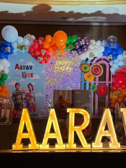 A slightly different angle of Aarav's Cocomelon stage, showing the vibrant mix of colors and textures we used to bring the theme to life.