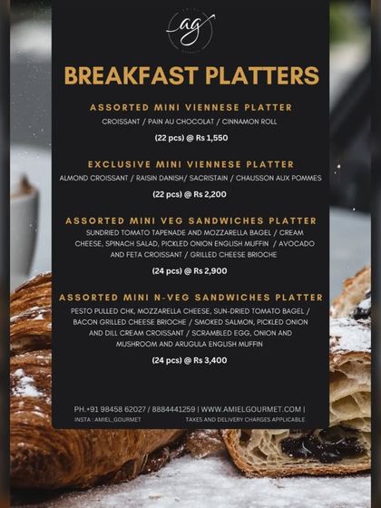 Our Breakfast Platters menu, featuring options like the Assorted Mini Viennese Platter and Exclusive Viennese Platter, as well as mini sandwich platters to kickstart your day.