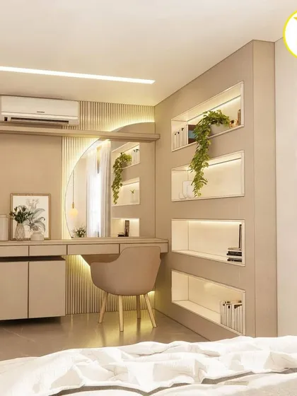 A unique bedroom design featuring a curved wall with backlit display niches and an integrated dressing table.