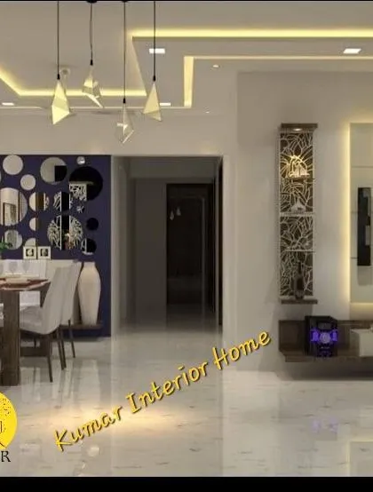 This image shows the full scope of the living and dining area, featuring a unique circular mirror installation on the accent wall. The design is modern, artistic, and spacious.