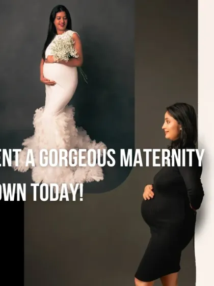 A video encouraging you to rent a gorgeous maternity gown, featuring a white mermaid dress and a classic black fitted style.