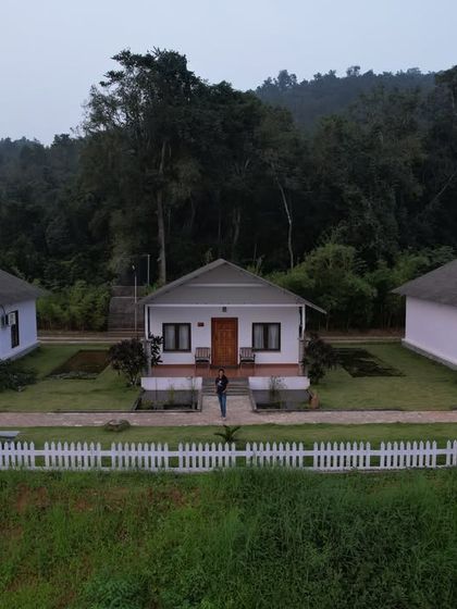 A view of our cottage stay in Shivamogga, providing a peaceful and scenic retreat after a day of adventure.