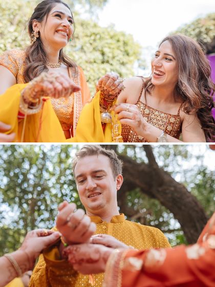 Candid moments of joy, showing the bride sharing a laugh with her sister and the groom participating in the Haldi rituals.