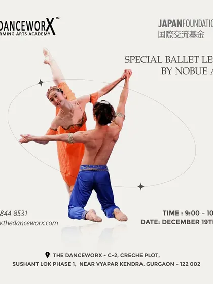 In collaboration with the Japan Foundation, we hosted a special ballet lesson with guest artist Nobue Aichi. This poster advertises the workshop at our Gurgaon studio, highlighting our commitment to bringing international talent to our students.