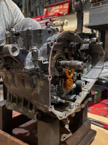 The complete bottom end of the 180-crank twin engine, mounted and ready for the next stage of its rebuild.