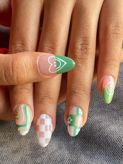 Green is such an underrated color. This set features a mix of patterns including checkerboard, swirls, and smiley faces in different shades of green.