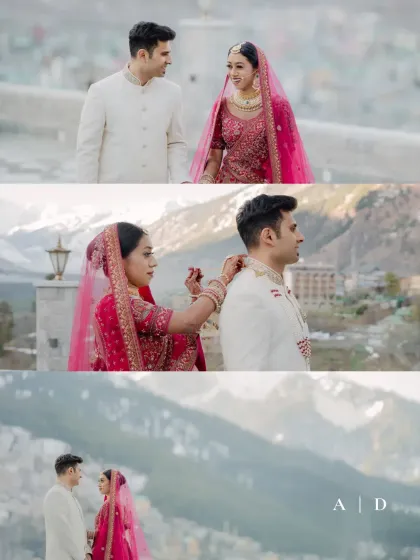 A collage of candid interactions between the bride and groom against the Manali landscape. These small moments, like her adjusting his collar, are the building blocks of their love story.
