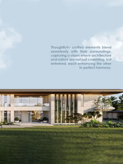 This facade opens itself to the landscape, framing light and inviting green into the structure. Each vertical break breathes, allowing nature to weave into the building and making the built form feel not imposed, but grown.