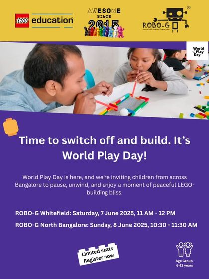 Our flyer for the World Play Day event, inviting children across Bangalore to switch off their screens and enjoy a moment of peaceful, creative LEGO-building with us.