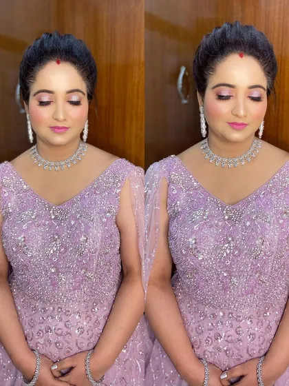 A lovely reception look. I used soft lavender and pink tones on her eyes to complement her gown, creating a look that was both romantic and sophisticated.