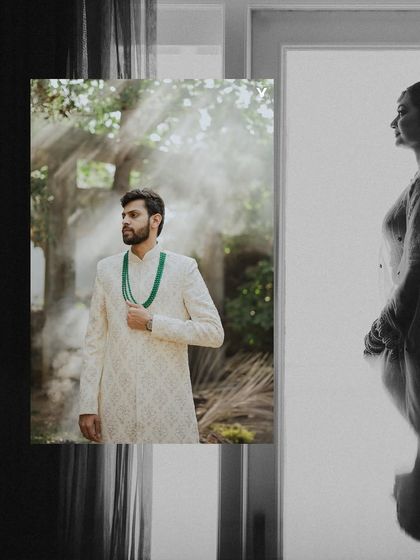An artistic collage of the groom, using reflections and natural light to create a layered and thoughtful portrait. The black and white silhouette adds a touch of mystery and drama.