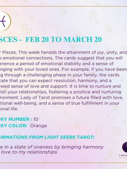 Dear Pisces, this week heralds the attainment of joy, unity, and deep emotional connections. You can expect resolution, harmony, and a renewed sense of love and support. It is time to nurture and cherish your relationships.
