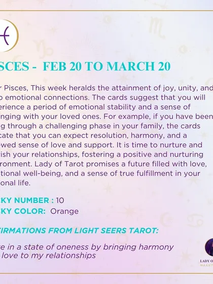 This week's tarot forecast for Pisces. The reading heralds the attainment of joy, unity, and deep emotional connections. Expect resolution, harmony, and a renewed sense of love.