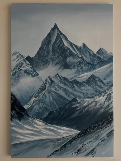 I find immense peace and power in painting landscapes like this one, titled 'Mountain of the Gods'. Using acrylics on a large canvas, I aimed to capture the majestic and serene presence of snow-covered peaks, a perfect statement piece for creating a calm atmosphere in any home.