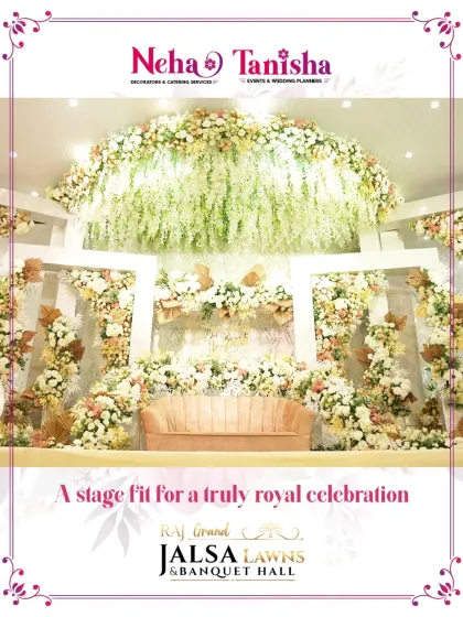 For a truly royal celebration, we craft stages that exude elegance and sophistication. This design features a cascade of white and cream florals, creating a lush, three dimensional backdrop that is both timeless and breathtakingly beautiful.