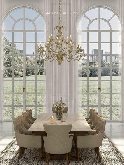 A classic and symmetrical dining setting. The view is perfectly framed by two massive arched windows that look out onto a serene landscape, making the dining experience feel connected to nature while being enveloped in luxury.