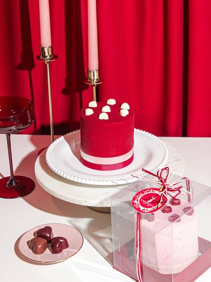 Our Valentine's Day cakes, the Red Hot Velvet and a delicate pink creation, ready to be gifted to someone special.