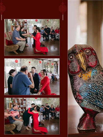 A collage capturing the moments of a traditional Chinese tea ceremony, showing respect and connection between the couple and their elders.