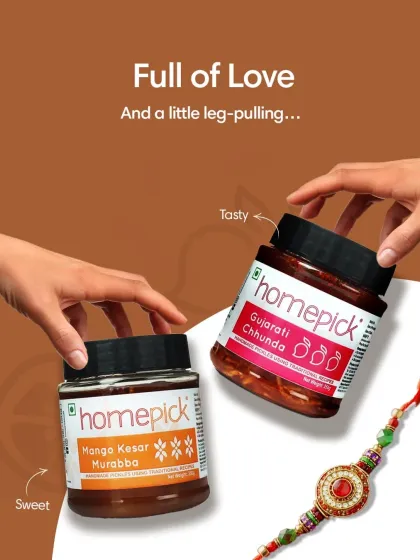 Full of love and a little leg-pulling. This Rakhi, gift a combination of sweet Mango Kesar Murabba and tasty Gujarati Chhunda that captures the essence of your relationship.