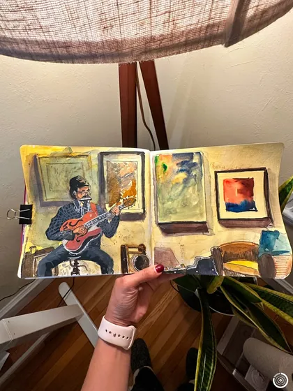 A slightly different angle of my watercolour painting of the artist playing guitar in his studio.