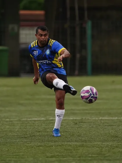 A player connects perfectly with the ball, showcasing the skill and precision we value. This is a glimpse into the action from our first win in the MFA Veterans league.