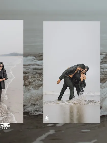A collage of a couple's dramatic beach shoot in black attire, capturing both playful and intense romantic moments.