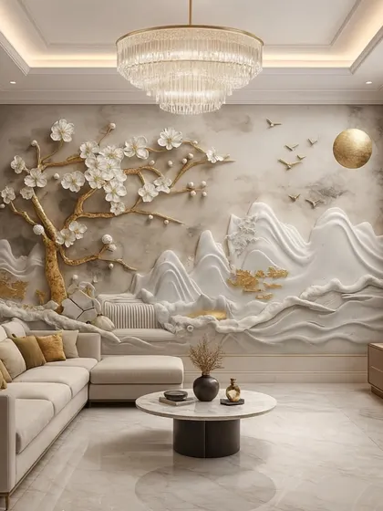 A whimsical and artistic 3D wallpaper depicting a cherry blossom tree against a backdrop of stylized mountains and a golden sun.