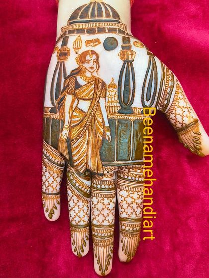 The final look of the Karwa Chauth balcony design. The combination of brown and white henna creates a beautiful contrast and depth.