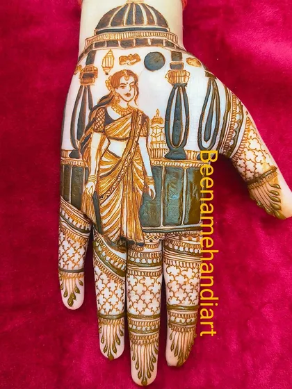 The final look of the Karva Chauth portrait mehandi, showing the woman on her balcony. The colors and shading make the portrait very realistic.