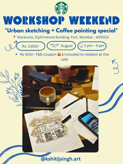 A poster for a workshop at Starbucks, highlighting the price and the included F&B coupon.