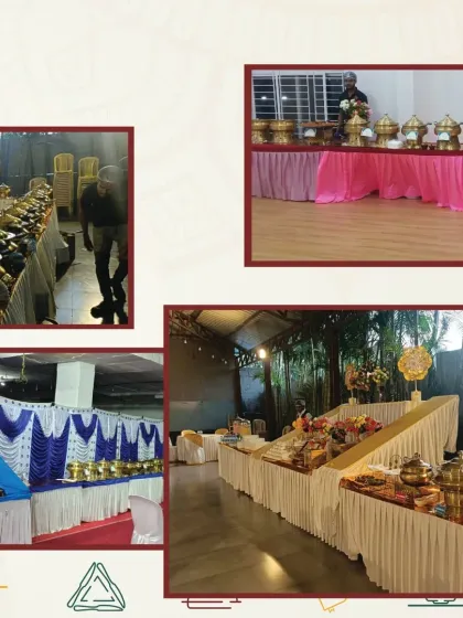 A snapshot collage from various events, showing different table linen colors and buffet arrangements to suit each unique party.