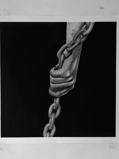 "Self Doubt." This drawing from Day 15 shows a hand tightly gripping a heavy chain, representing the feeling of being held back by one's own insecurities.