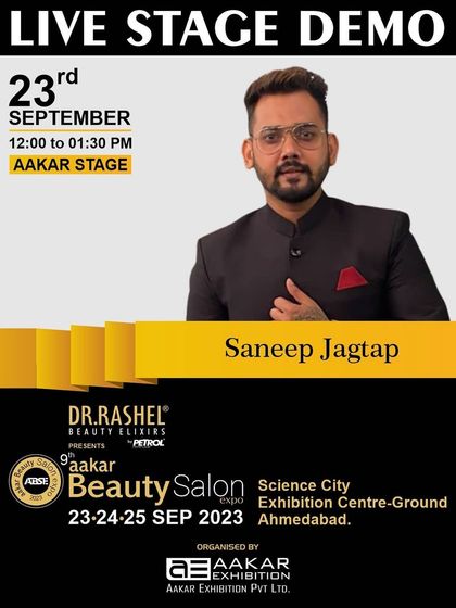 This flyer announces a live stage demonstration by my partner and fellow hair artist, Sandeep Jagtap, at the Aakar Beauty Salon Expo in Ahmedabad. Our team is dedicated to sharing knowledge across the country at major industry events.