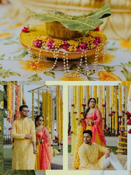 A collage of couple portraits and decor details from a Haldi ceremony, capturing the overall theme and mood.