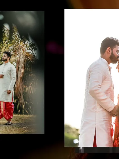A collage featuring a portrait of the groom in traditional Maharashtrian attire and a romantic shot of the couple against the sun.