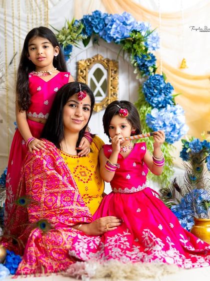 A mother and her two daughters dressed as beautiful Radhas for a Janmashtami themed shoot. Festive sessions are a wonderful way to create unique family memories.