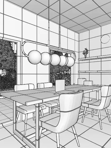 A dining room scene rendered in Lumion with a grid overlay. This 'orthographic view' effect is one of the many rendering styles you can learn, useful for technical presentations.