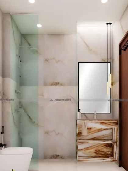 Another design option for the CR Park bathroom renovation. This version features a vanity with a bold, expressive marble pattern that acts as a focal point in the otherwise neutral space.