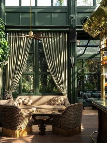 A wider view of the lounge and bar, showing how the space is filled with light and greenery.