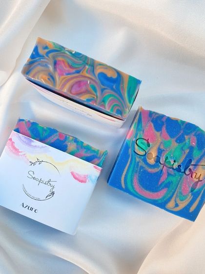 The "Azure" soap bar, a complex and colorful swirl with notes of ylang-ylang, jasmine, and sandalwood.