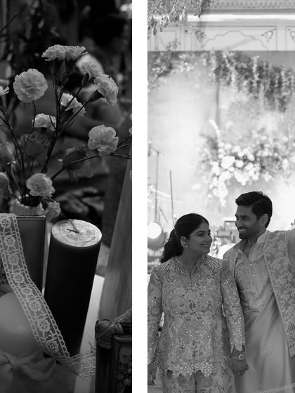 A black and white collage showing decor details and a candid moment of the couple.