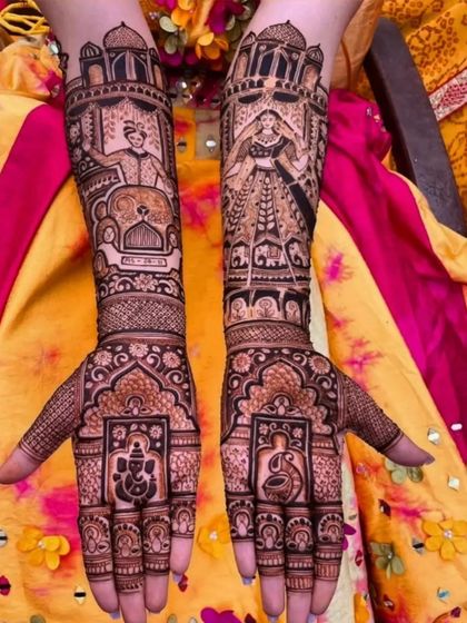 A storytelling masterpiece featuring a groom arriving in a vintage car and a beautiful bride, with Ganesha and a diya on the palms for blessings and light.