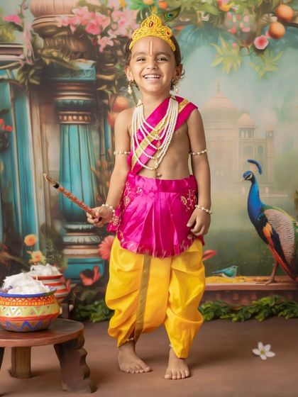 The playful innocence of a child dressed as Lord Krishna, captured in various poses from joyful laughter to thoughtful gazes.