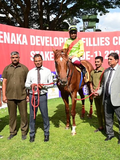 Eagle Day, winner of The Brig. R.C.R. Hill Memorial Trophy, with jockey Vivek.G.