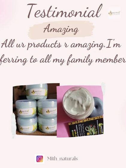 A testimonial graphic showing a customer's amazing feedback for my Lavender Body Butter, Kajal, and Foot Cream. I'm so grateful when you refer my products to your family.